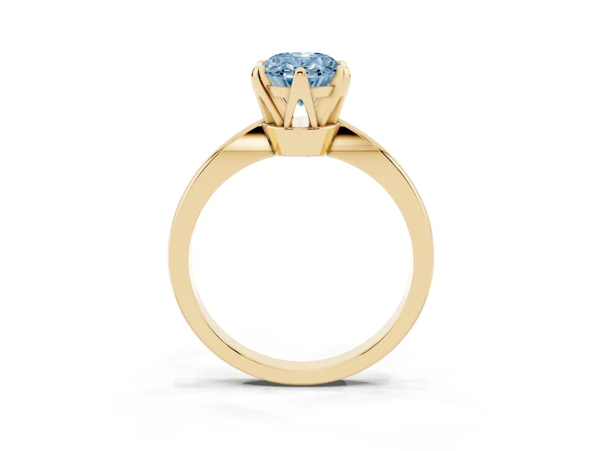 Fancy Blue Oval Cut Solitaire Engagement Ring with Six-Prong Setting and Tapered Band Yellow gold