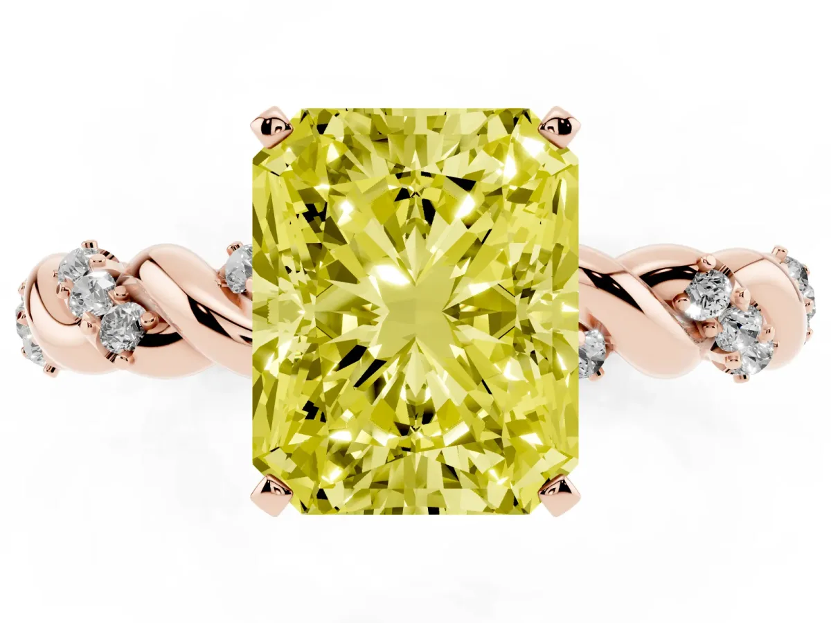 Fancy Yellow Radiant Cut Diamond Solitaire Ring with Twisted Band and Pavé Accents Rose gold