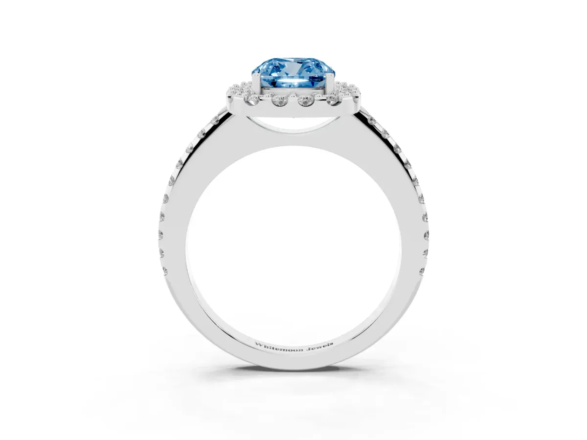 Fancy Blue Cushion Cut Diamond Pavé Halo Ring with Four-Prong Setting Silver