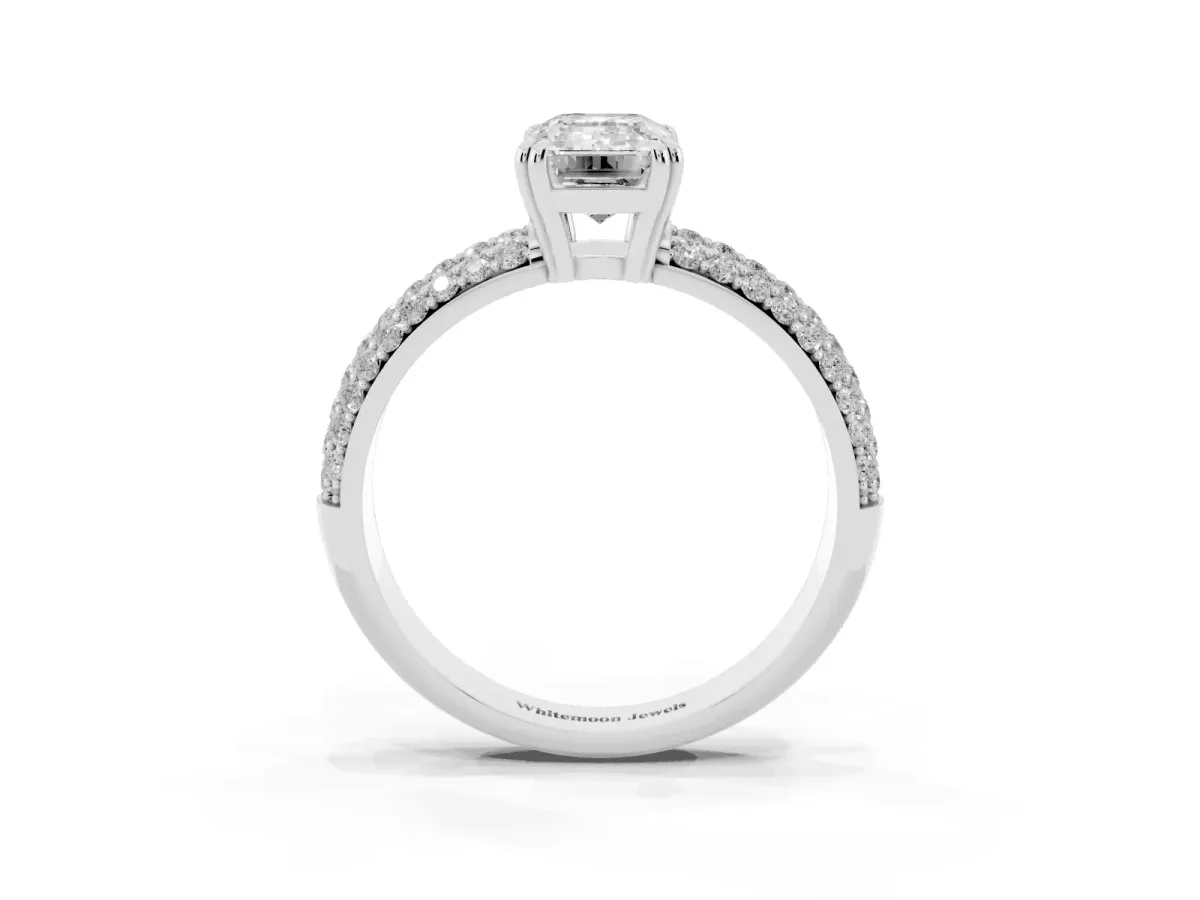 Emerald Cut Diamond Solitaire Ring with Multi-Row Round Pavé Band and Prong Setting Silver