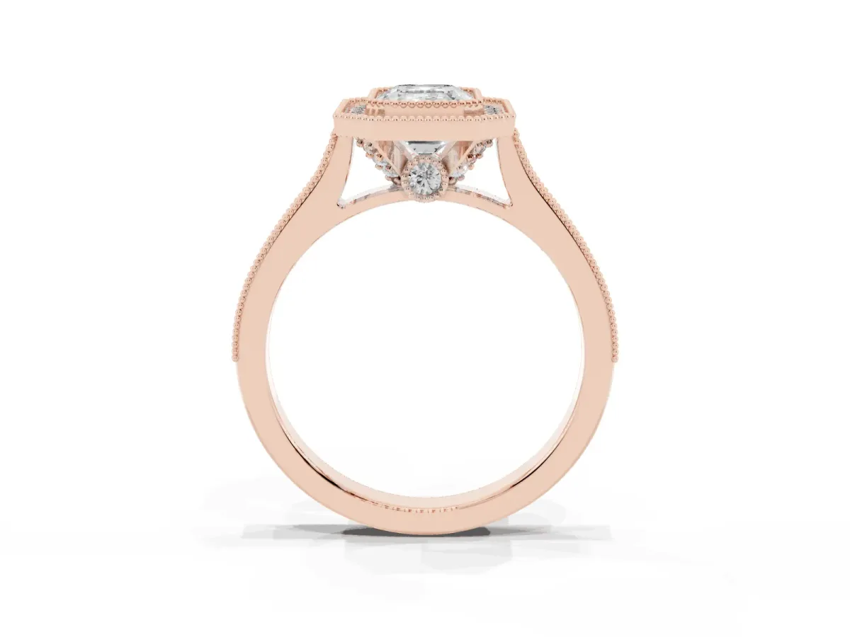 Halo Emerald Cut-Cut Diamond Pave Band Milgrain Prong Setting Ring Rose gold