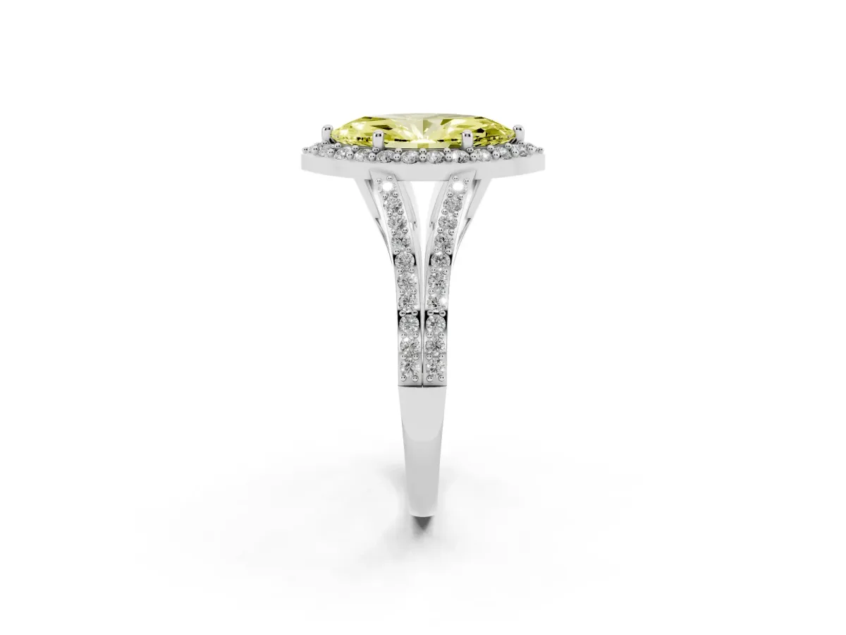Fancy Yellow Marquise Cut Halo Split Shank Pave Diamond Ring with Four-Prong Setting Silver