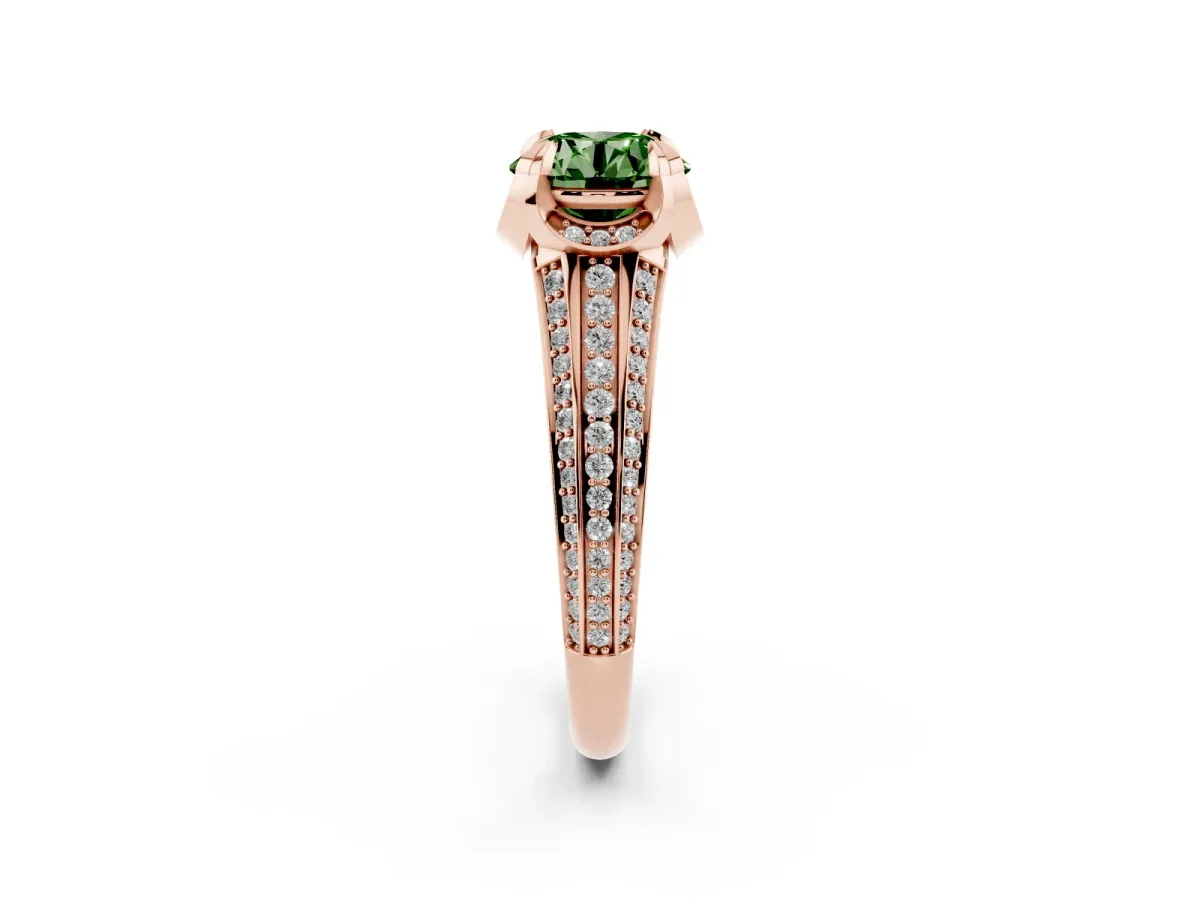 Fancy Green Round Cut Solitaire Pave Split Shank Ring with Four-Prong Setting Rose gold