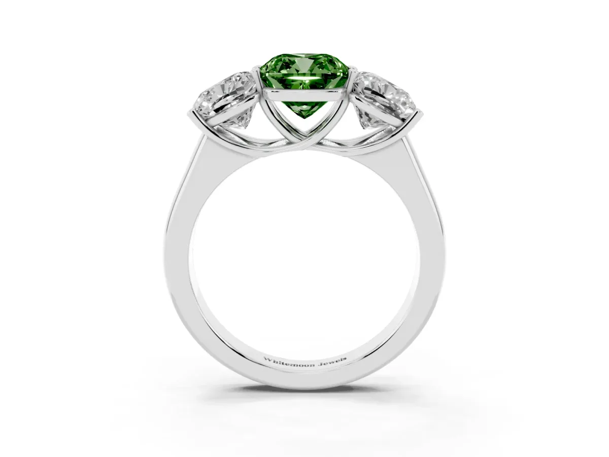 Fancy Green Cushion Cut Three-Stone Diamond Ring with Prong Setting on a Classic Band Silver