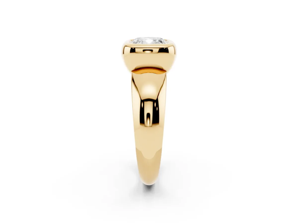 Bezel Set Cushion Cut Solitaire Ring with Wide Band Yellow gold