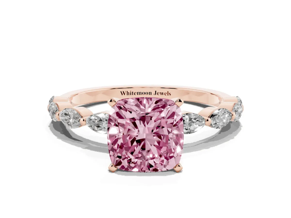 Fancy Pink Cushion Cut Diamond Ring with Marquise Side Stones and Prong Setting Rose gold