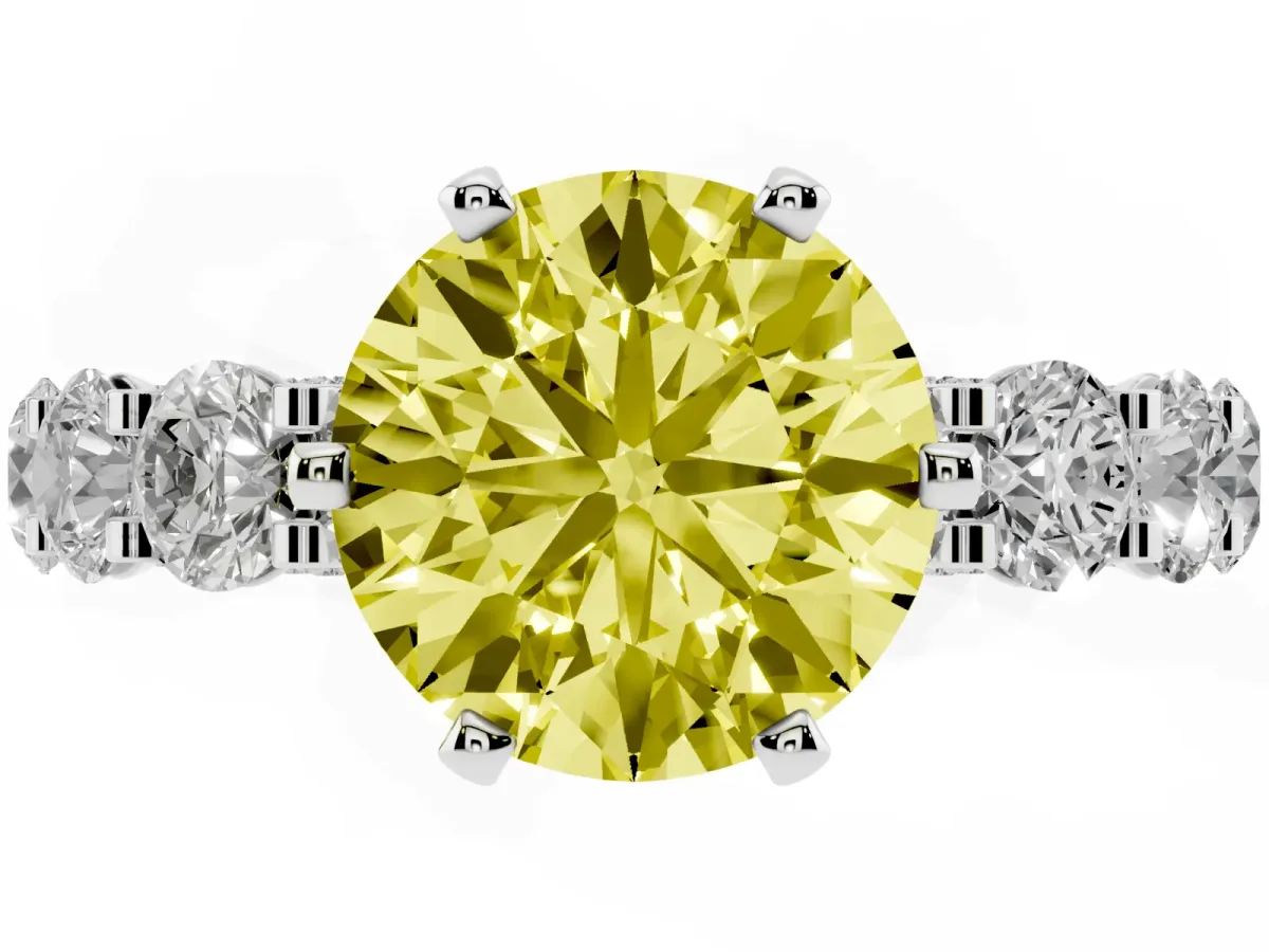 Fancy Yellow Round Cut Diamond Side Stone Engagement Ring with Four-Prong Setting Platinum