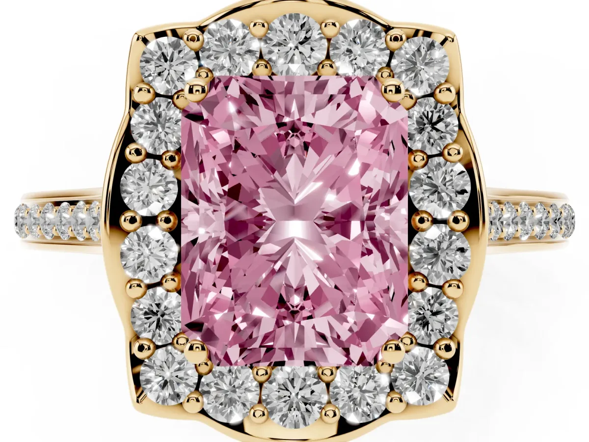 Fancy Pink Radiant Cut Halo Round Diamond Pave Band with Four-Prong Setting Yellow gold