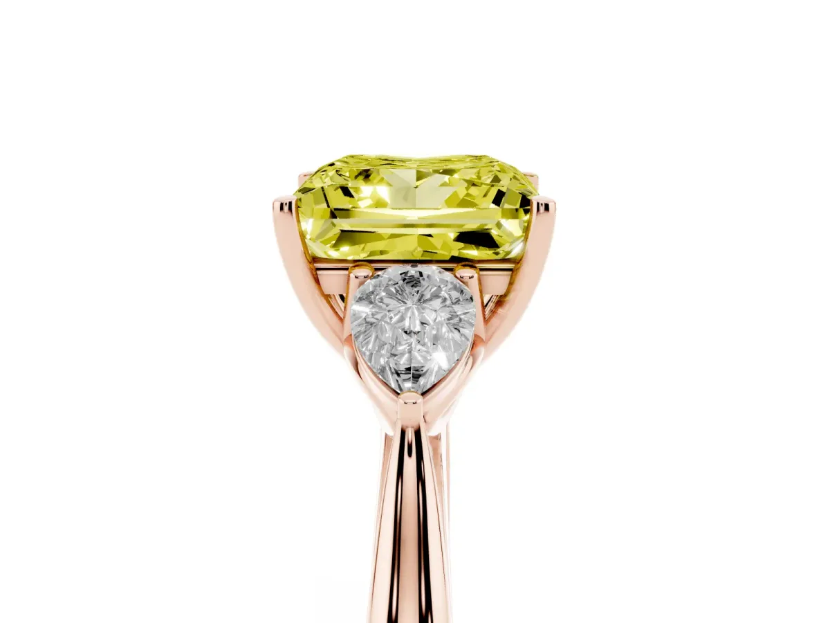 Fancy Yellow Three-Stone Princess Cut Brilliant Diamond Solitaire Ring with Tapered Band and Four-Prong Setting Rose gold