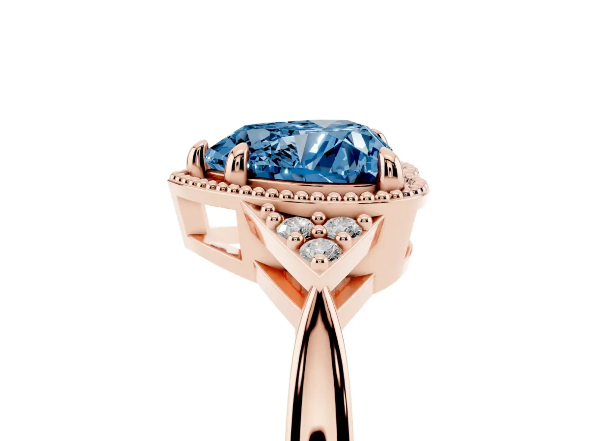 Fancy Blue Hexagonal Halo Heart Cut Diamond Solitaire with Pavé Band and Four-Prong Setting Rose gold