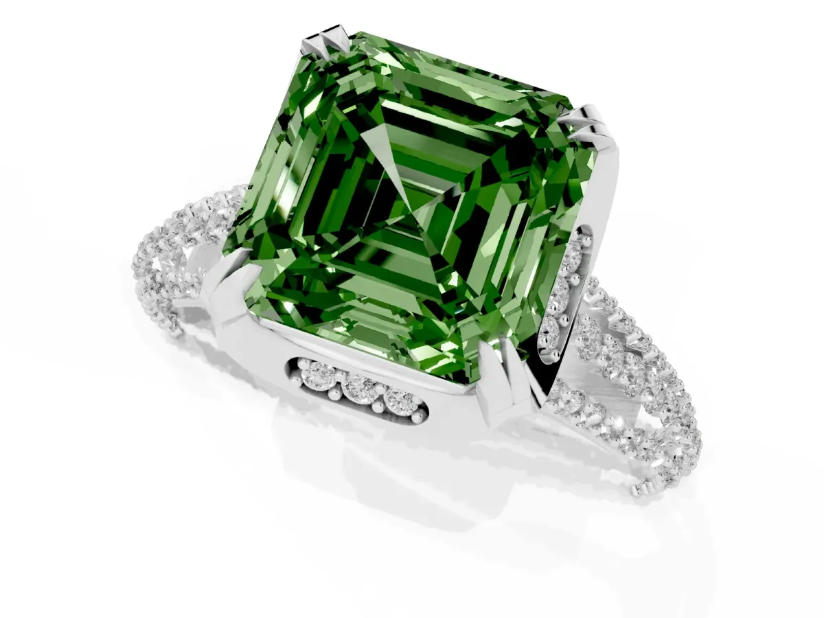 Fancy Green Asscher Cut Solitaire Pave Split Shank Ring with Four-Prong Setting Platinum