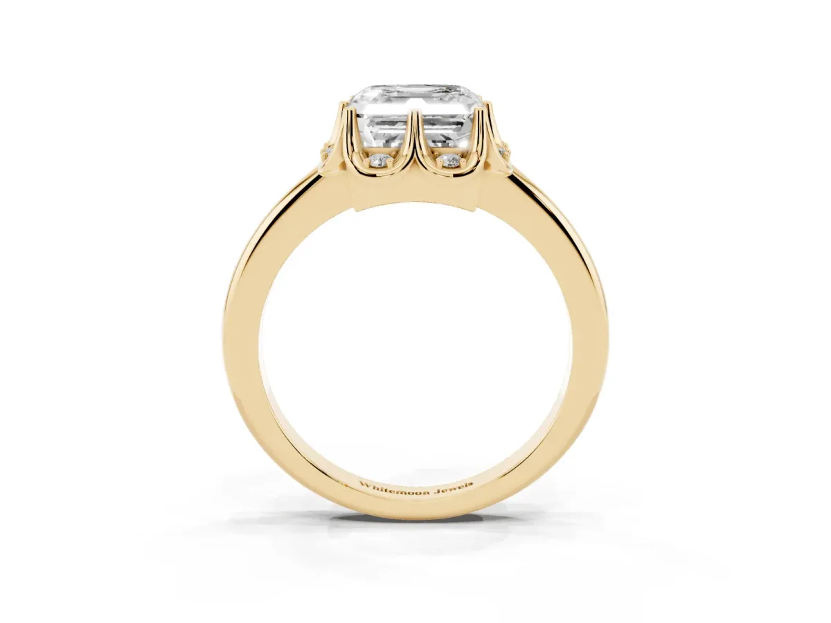 Asscher Cut Halo Diamond Ring with Round Cluster Setting, Solitaire Band, and Four-Prong Setting Yellow gold