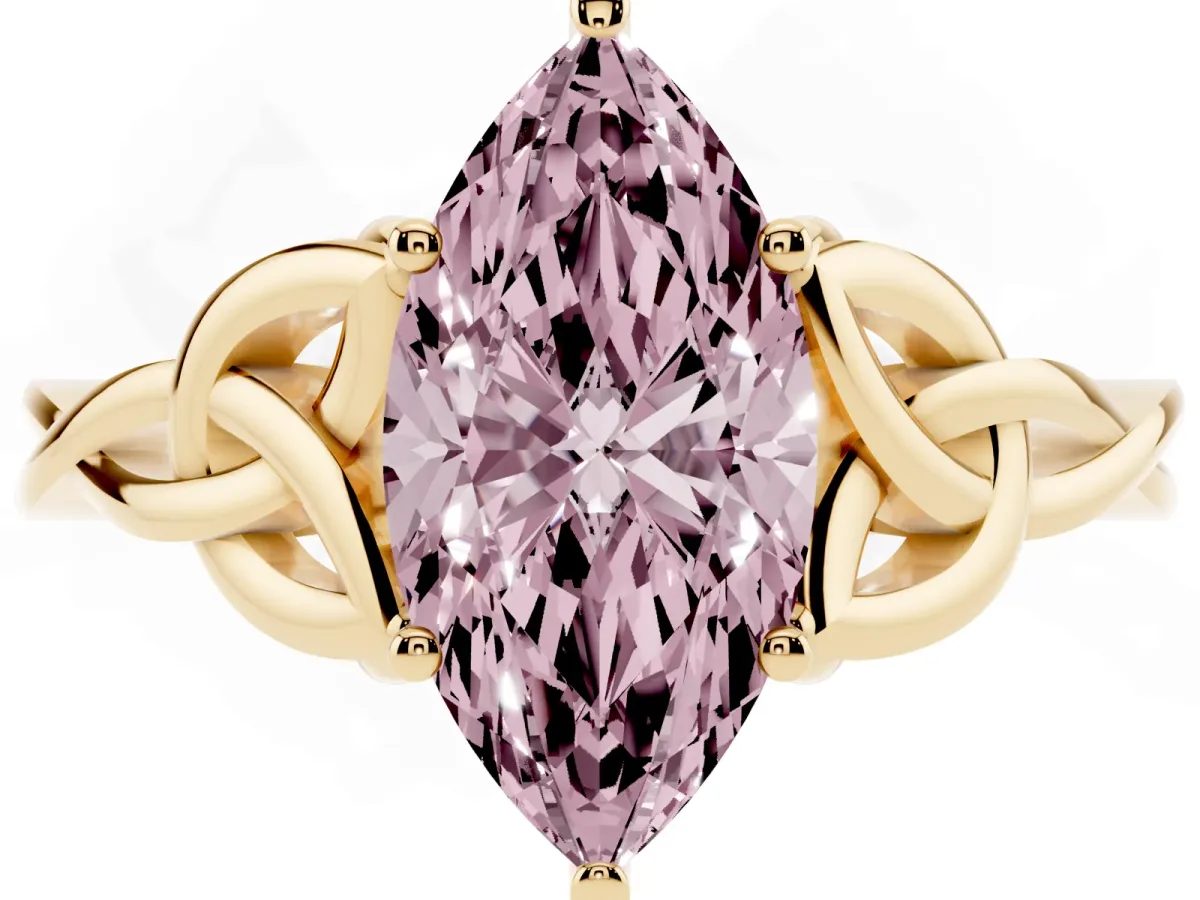 Fancy Pink Marquise Cut Diamond Solitaire Engagement Ring with Celtic Knot Band and Four-Prong Setting Yellow gold