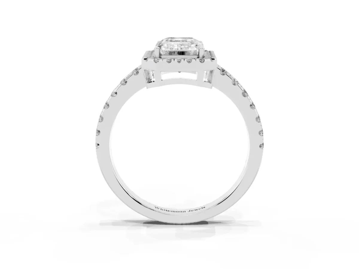 Emerald Cut Diamond Halo Ring with Pavé Band and Four-Prong Setting Silver