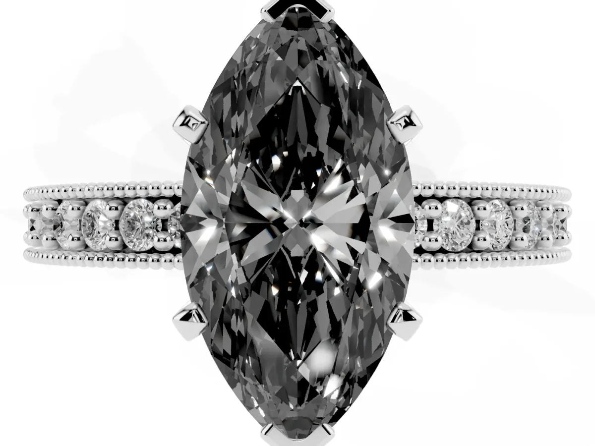 Fancy Black Marquise Cut Diamond Milgrain Pavé Engagement Ring with Four-Prong Setting Silver