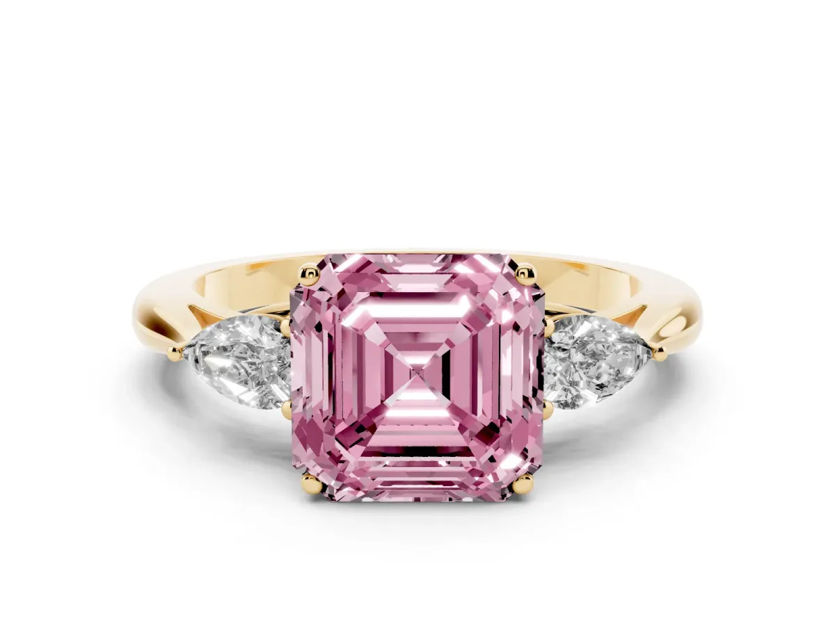 Fancy Pink Asscher Cut Diamond Three-Stone Ring with Pear Side Stones and Prong Setting Yellow gold