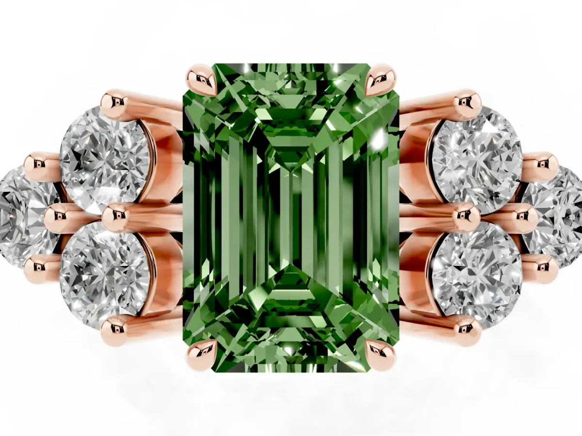 Fancy Green Emerald Cut Brilliant Diamond Cluster Accent Solitaire Ring with Prong Setting Rose gold