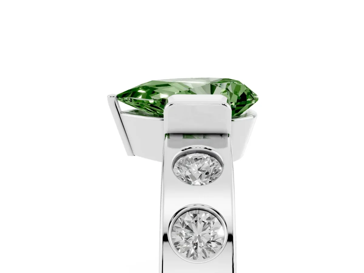 Fancy Green Pear Cut Brilliant Channel-Set Diamond Ring with Bezel Prong Setting Platinum