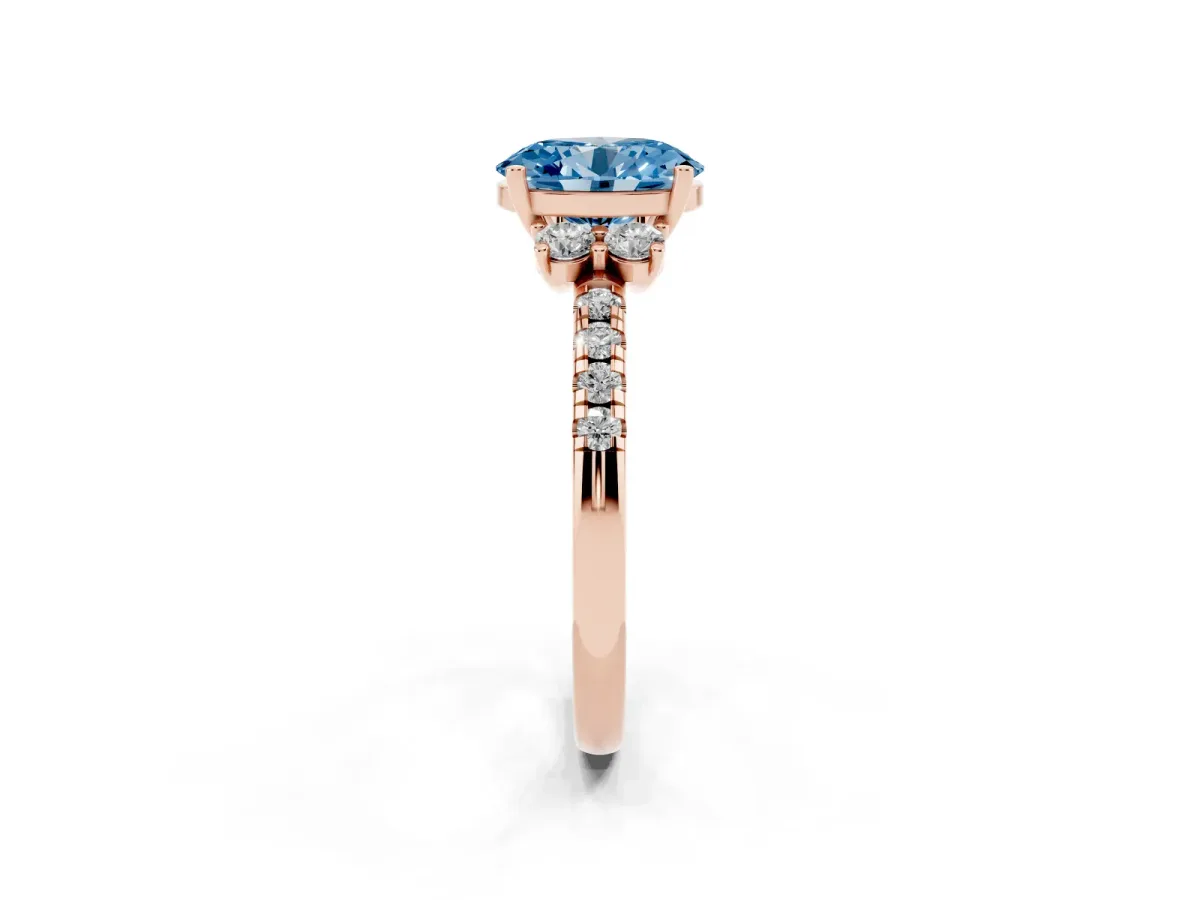 Fancy Blue Oval Cut Diamond Three-Stone Pave Band with Four-Prong Setting Rose gold