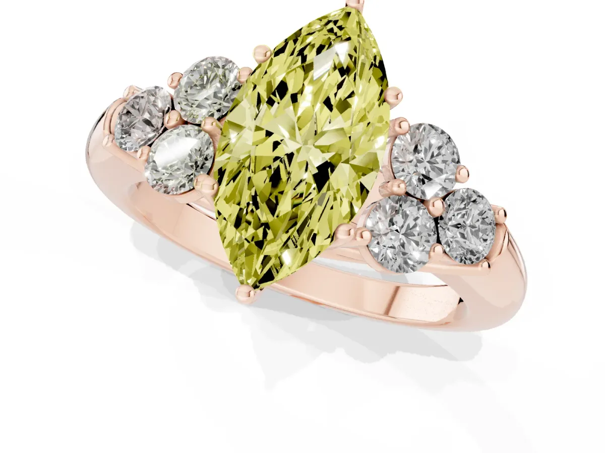 Fancy Yellow Marquise Cut Cut Diamond Cluster Ring with Round Accent Stones and Prong Setting on a Classic Band Rose gold