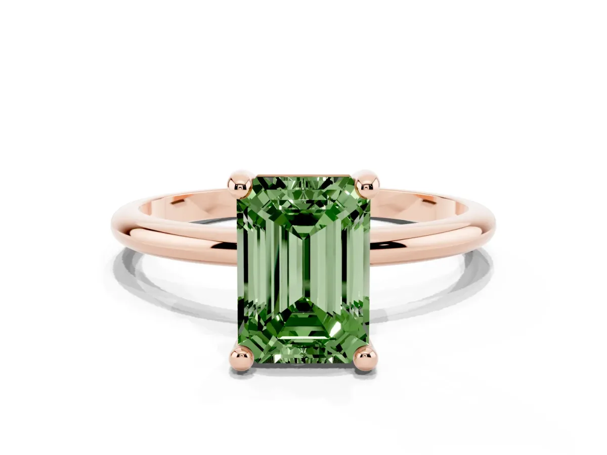 Fancy Green Emerald Cut Solitaire Diamond Ring with 4-Prong Setting on a Classic Band Rose gold