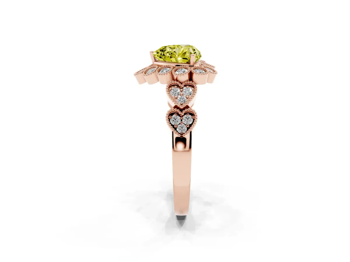 Fancy Yellow Heart Cut Brilliant Milgrain Pave Heart Band Solitaire Ring Rose gold