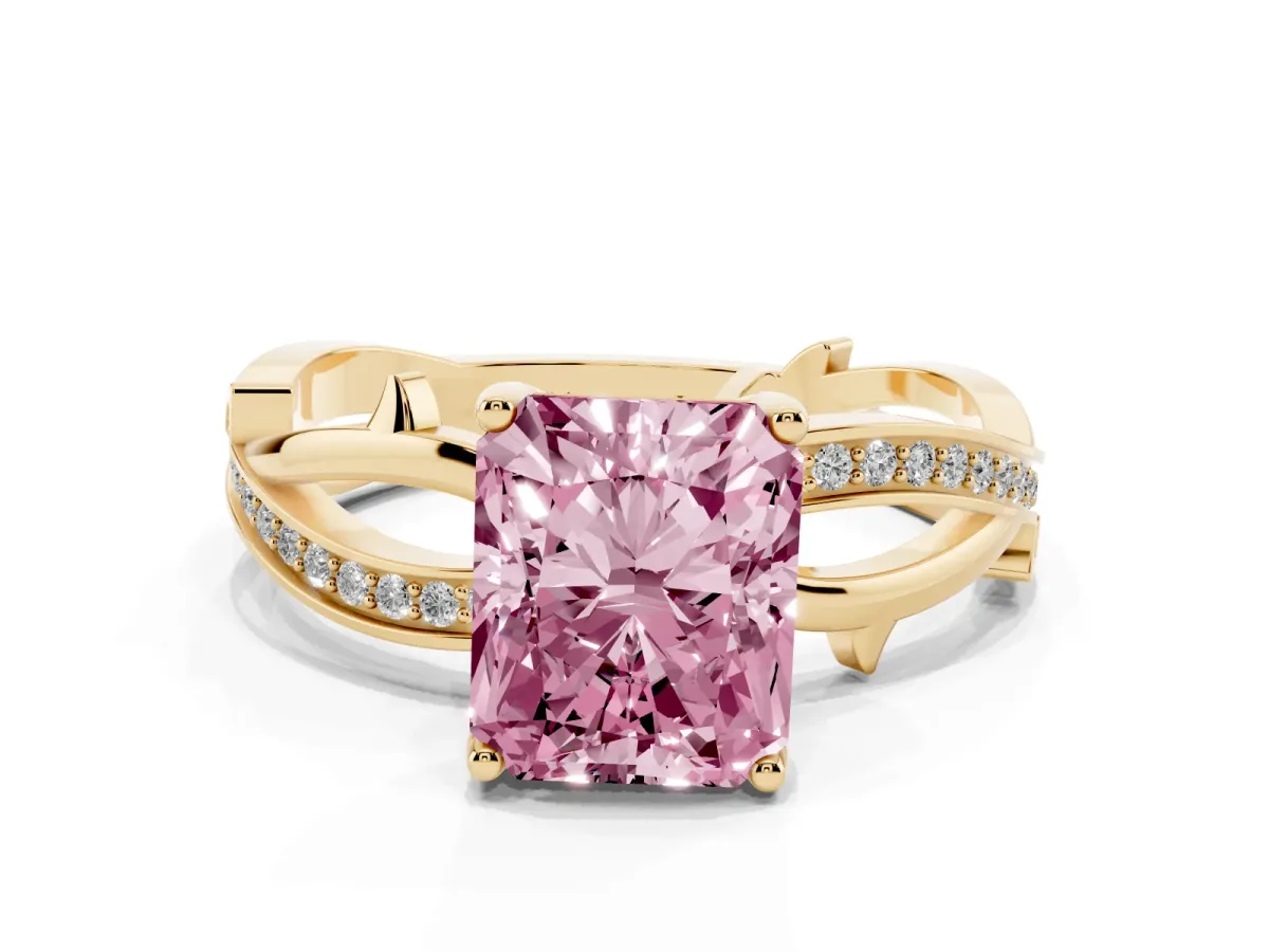 Fancy Pink Radiant Cut Solitaire Twist Band with Pavé Accents and Four-Prong Setting Yellow gold