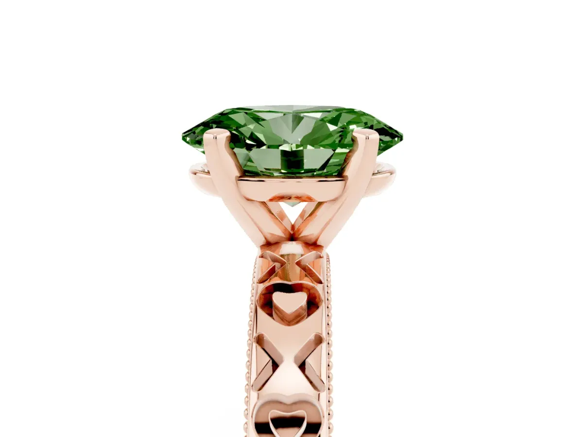 Fancy Green Oval Cut Solitaire Diamond Engagement Ring with XO Engraved Band and Four-Prong Setting Rose gold