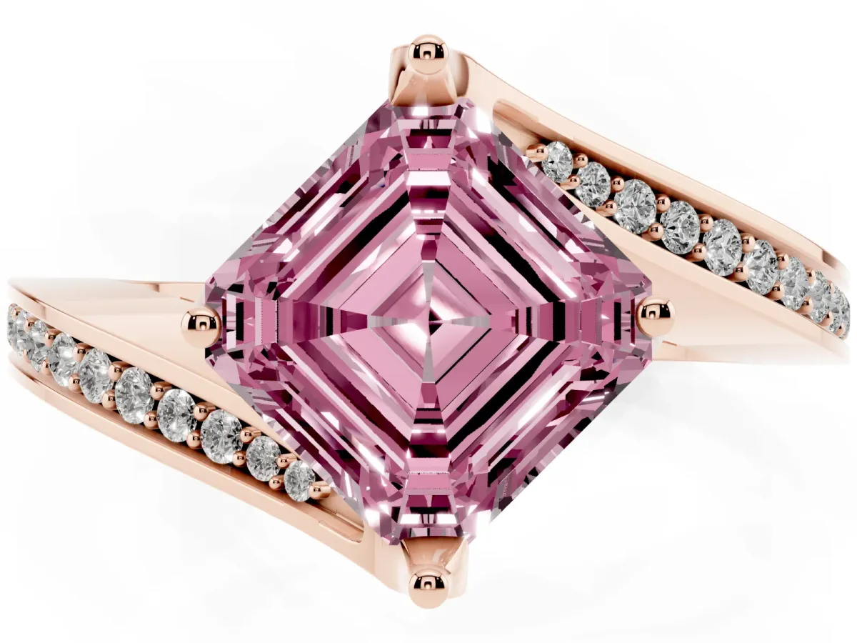 Fancy Pink Asscher Cut Solitaire Diamond Twist Band with Pavé Setting and Four-Prong Setting Rose gold