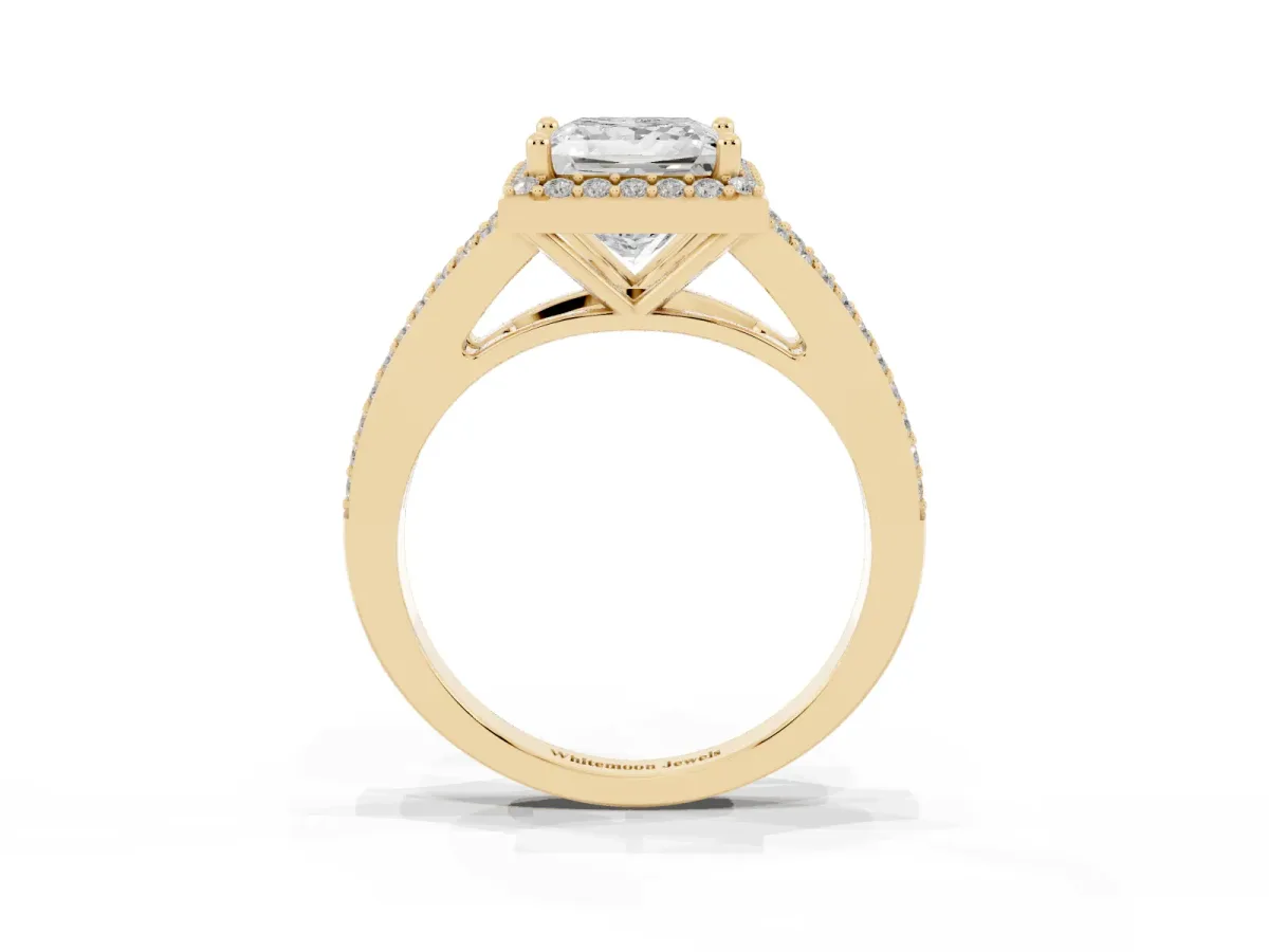 Princess Cut Halo Split Shank Diamond Ring with Prong Setting Yellow gold