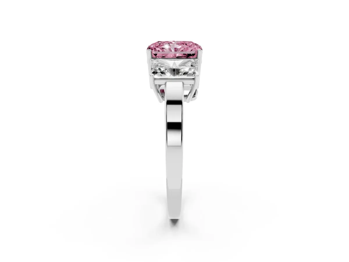 Fancy Pink Three-Stone Radiant Cut Cut Diamond Engagement Ring with Flat Band and Four-Prong Setting Silver
