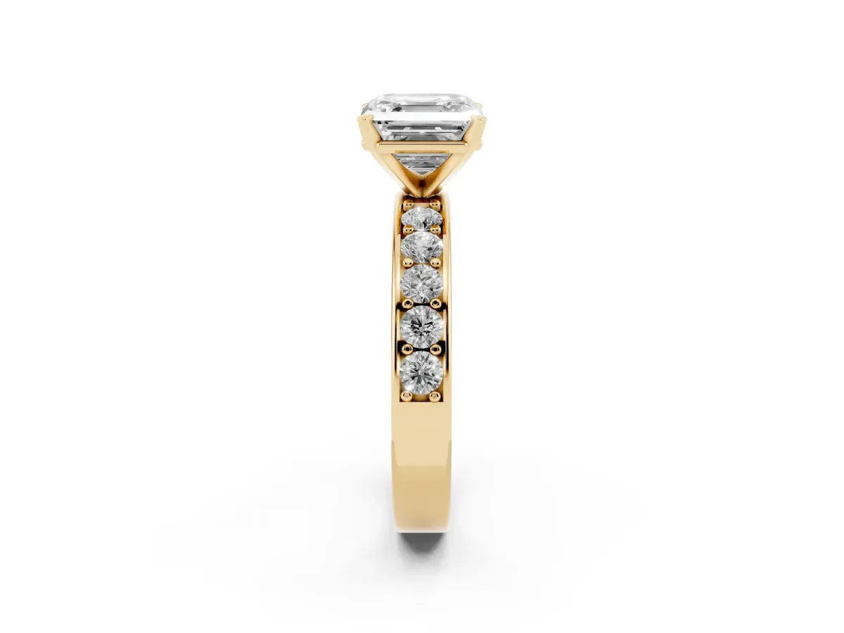 Asscher Cut Diamond Engagement Ring with Channel Set Round Band and Prong Setting Yellow gold