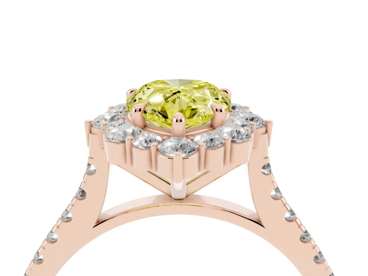 Fancy Yellow Pear Cut Halo Diamond Ring with Pavé Band and Prong Setting Rose gold