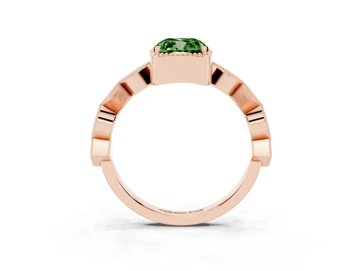 Fancy Green Cushion Cut Milgrain Marquise Diamond Twist Band Ring Rose gold
