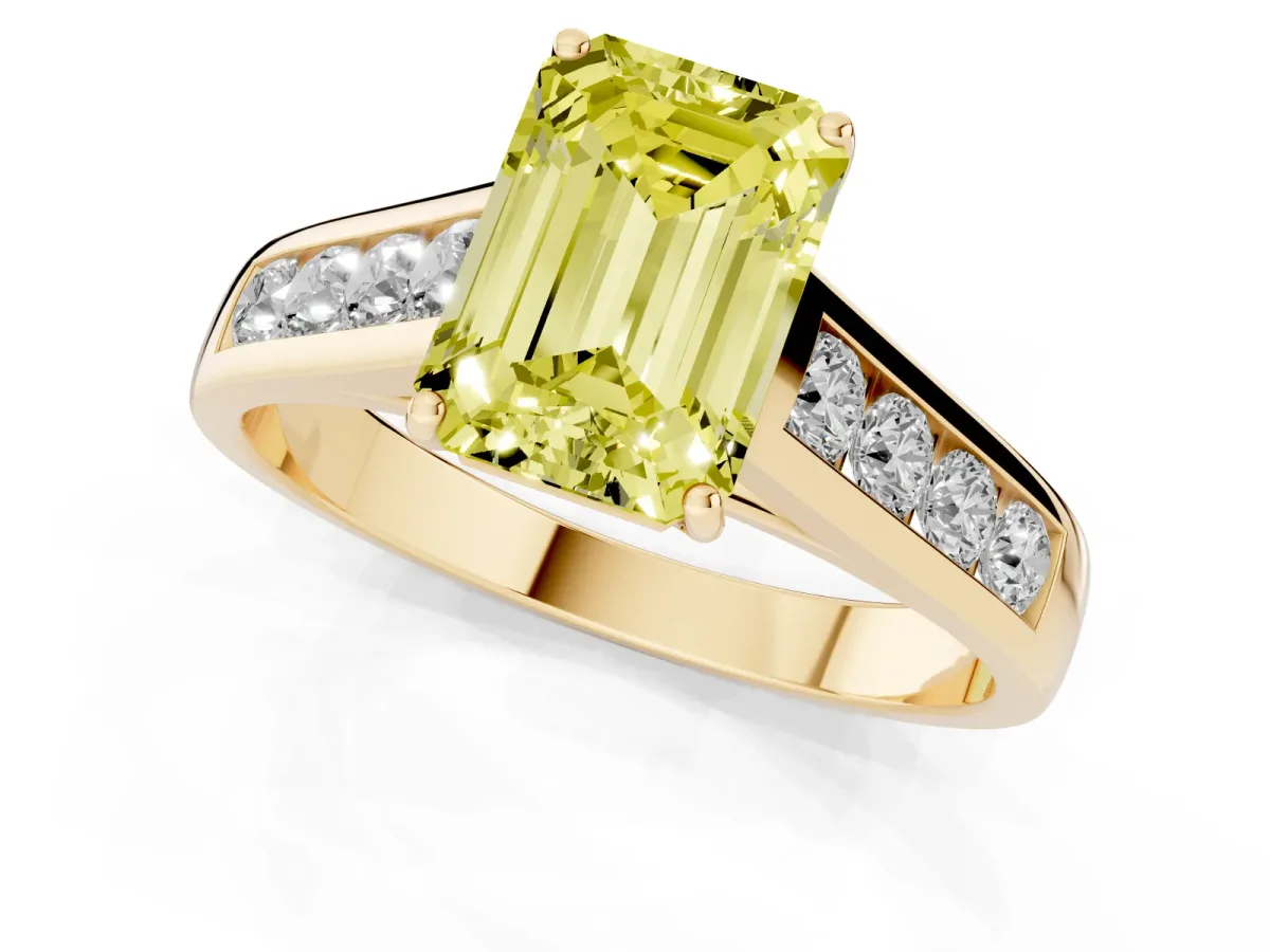 Fancy Yellow Emerald Cut Brilliant Channel-Set Solitaire Ring with Four-Prong Setting Yellow gold