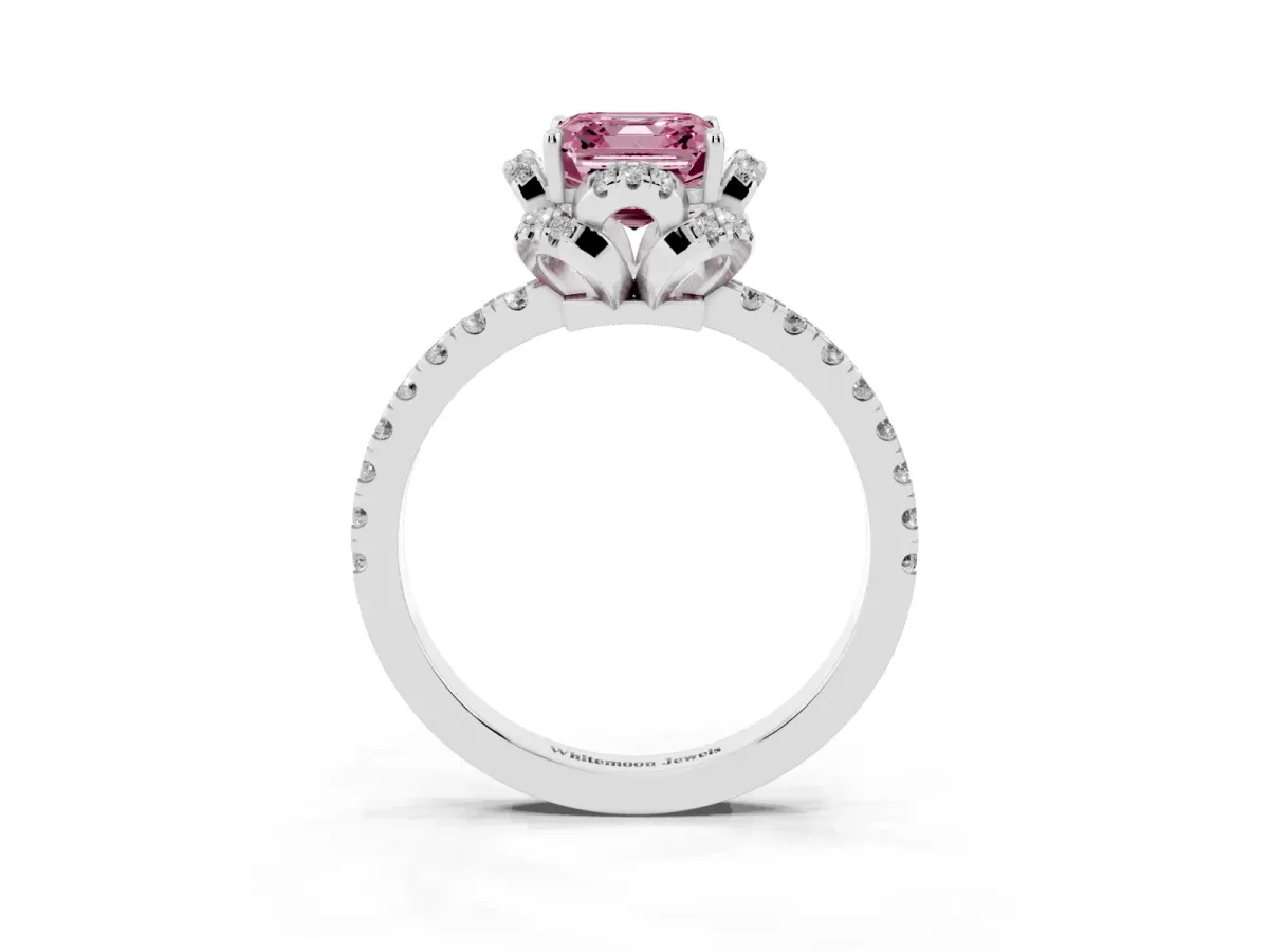 Fancy Pink Asscher Cut Halo Diamond Pave Band Ring with Four-Prong Setting Silver