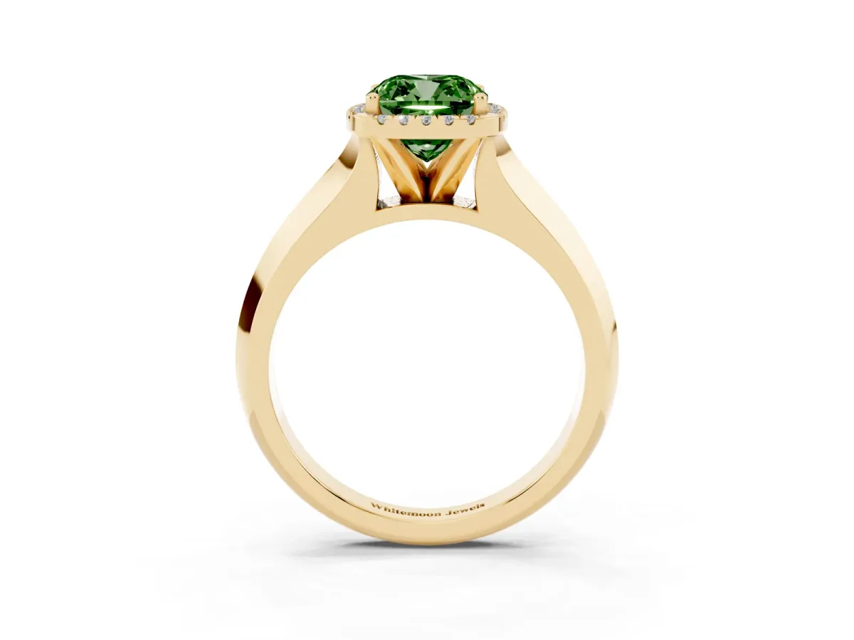 Fancy Green Cushion Cut Halo Diamond Ring with Cathedral Band and Four-Prong Setting Yellow gold