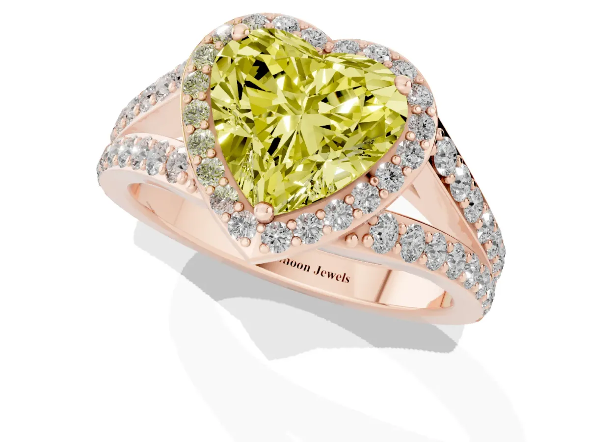 Fancy Yellow Heart Cut Diamond Split Shank Halo Ring with Four-Prong Setting Rose gold