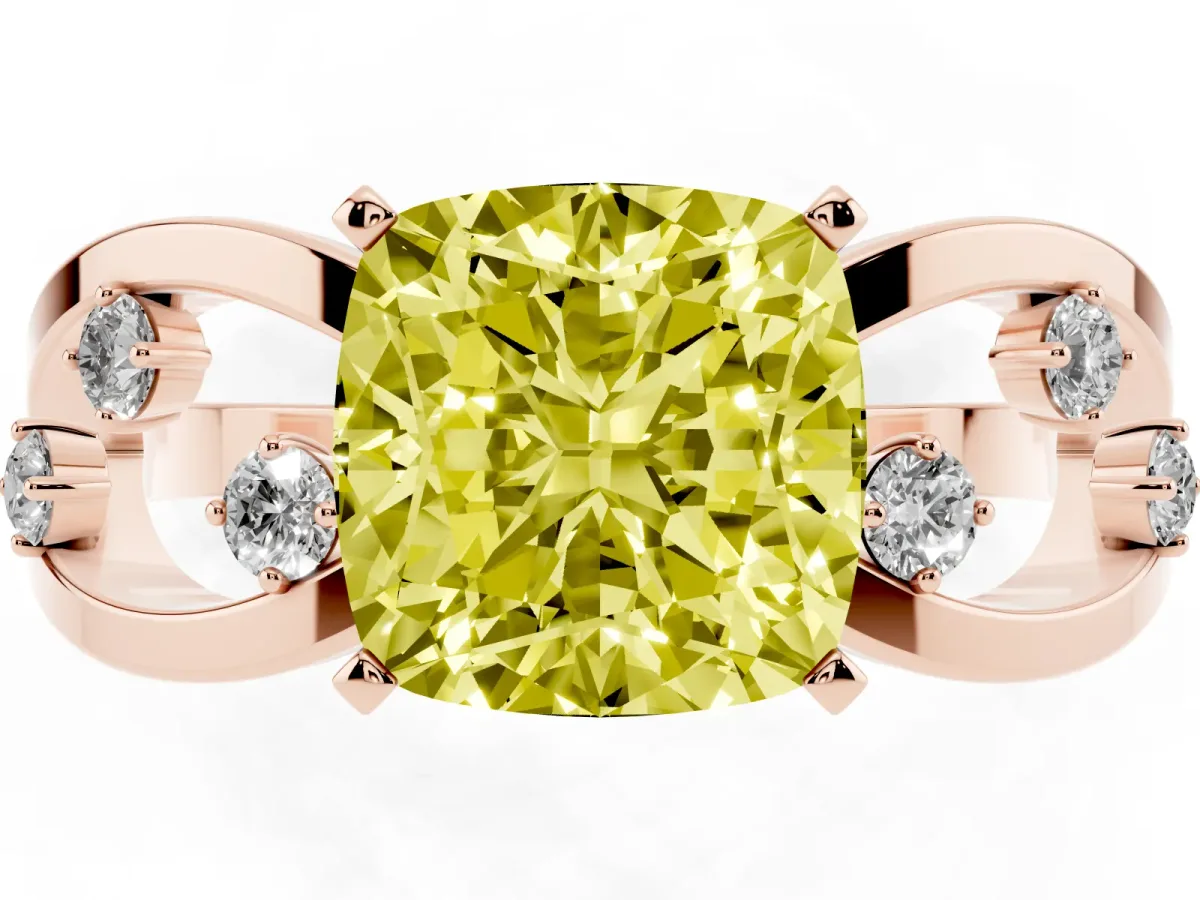 Fancy Yellow Cushion Cut Cut Solitaire Diamond with Side Stones on Criss-Cross Band and Four-Prong Setting Rose gold