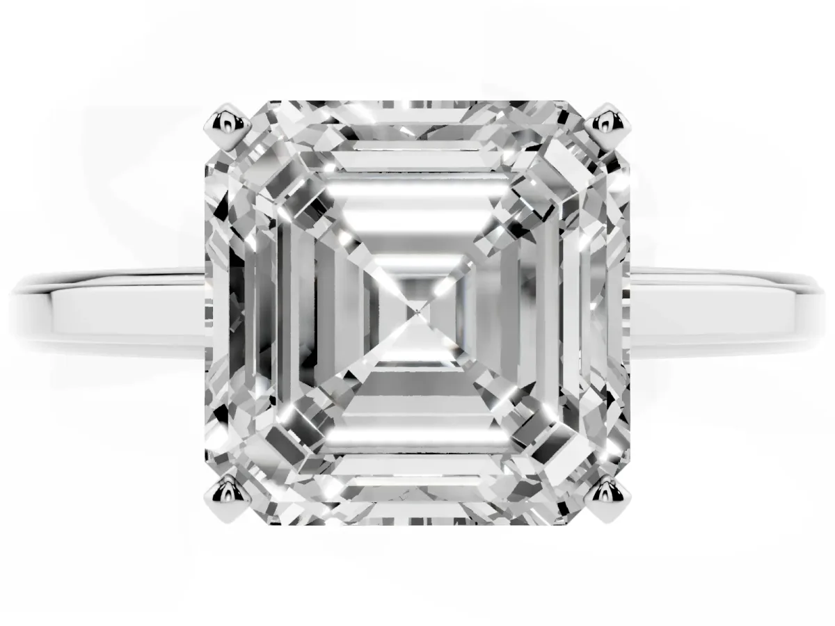 Asscher Cut Solitaire Diamond Ring with Four-Prong Setting and Classic Band Platinum