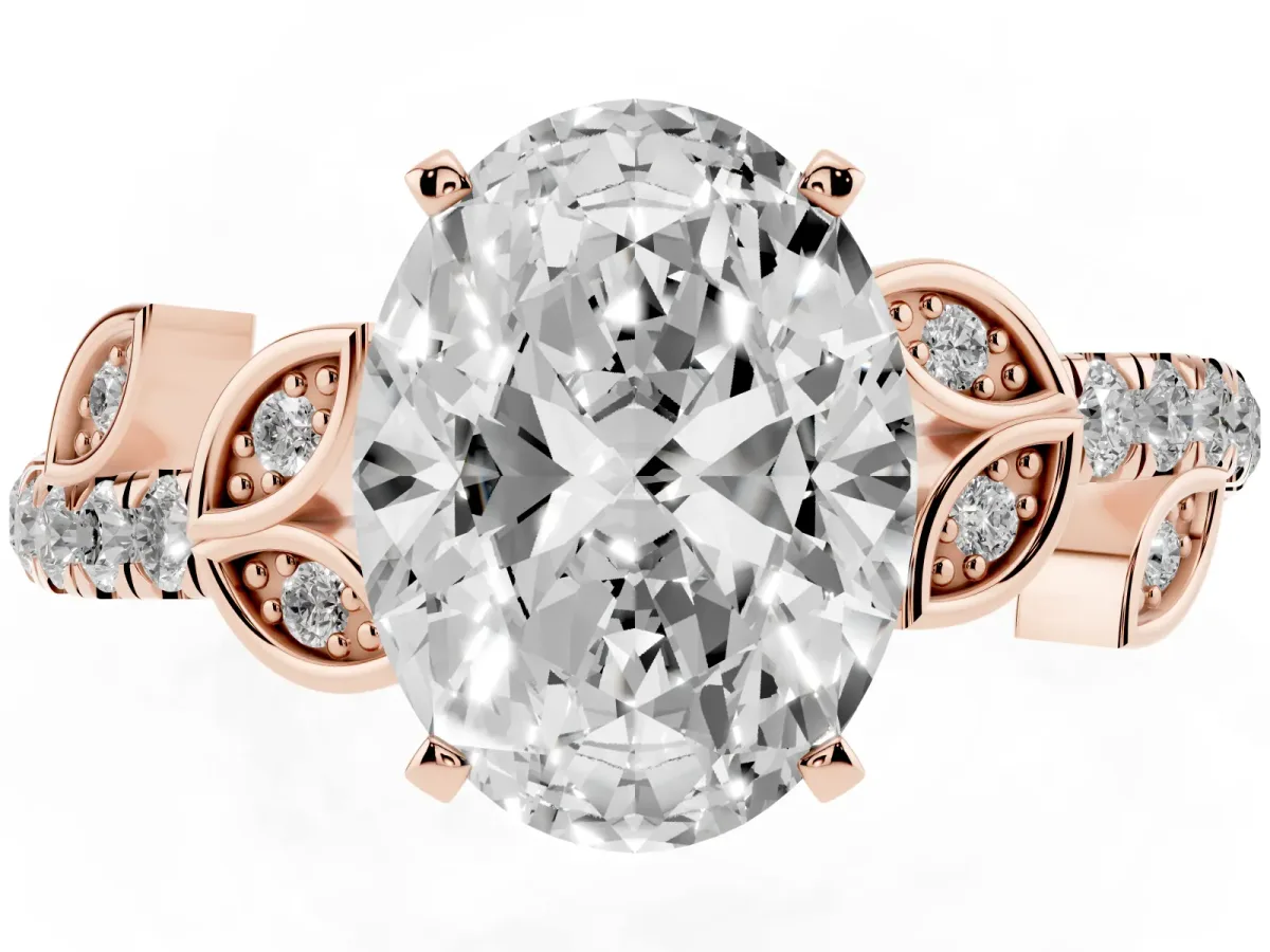 Oval Cut Solitaire Leaf-Inspired Diamond Ring with Pavé Band and Four-Prong Setting Rose gold
