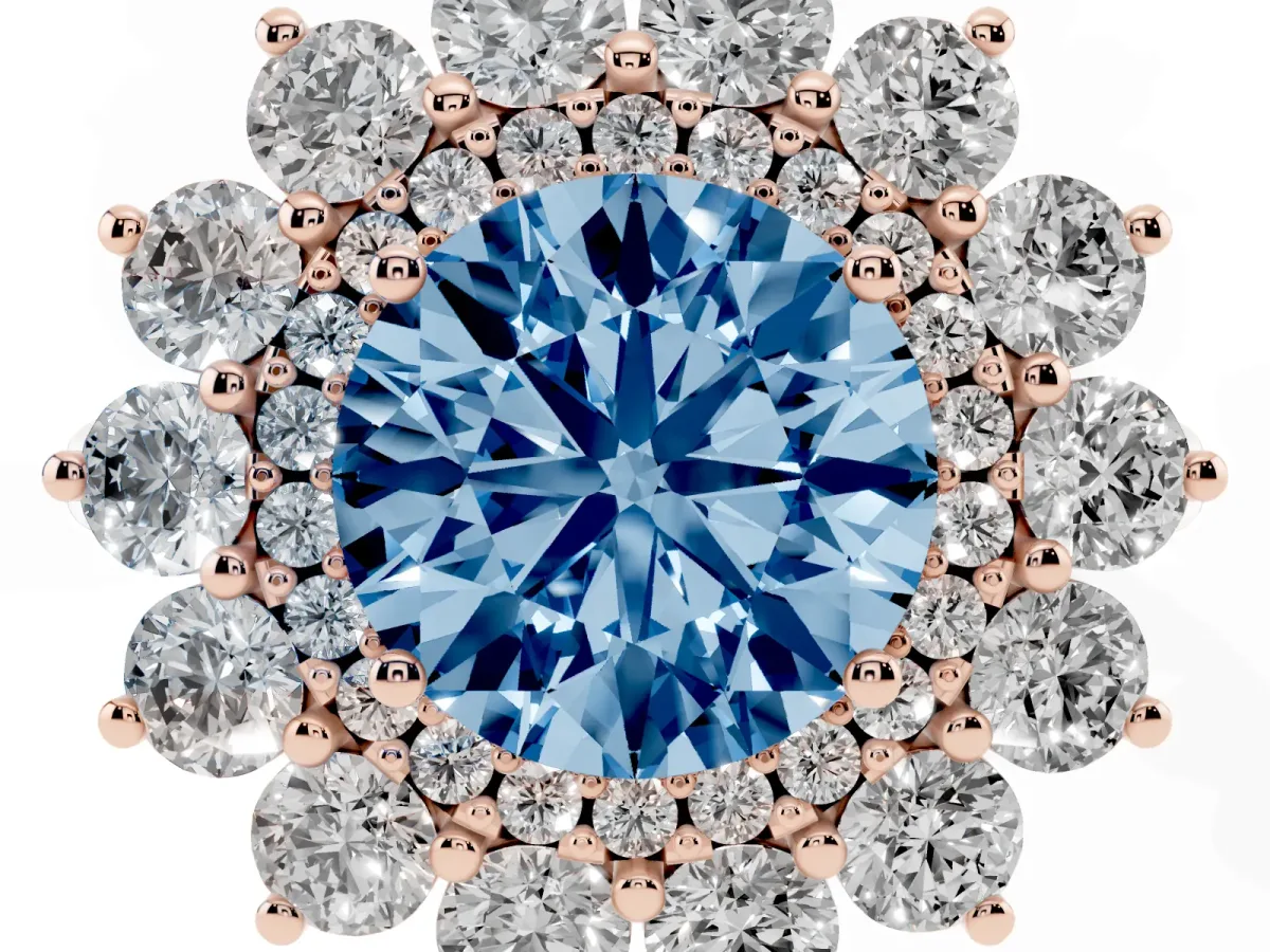 Fancy Blue Round Cut Diamond Floral Double Halo Engagement Ring with Prong Setting Rose gold
