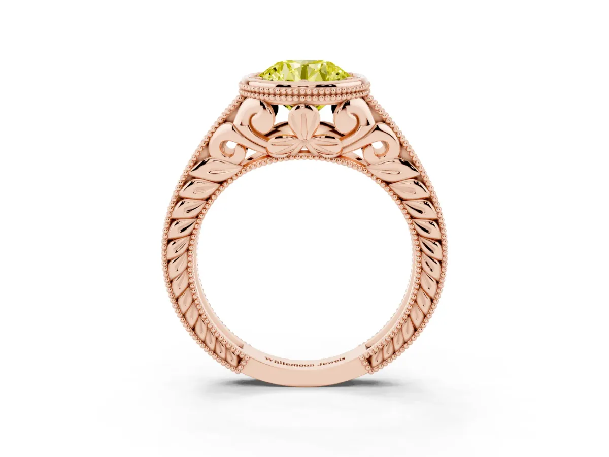 Fancy Yellow Bezel Set Round Cut Diamond Milgrain Pave Engagement Ring Rose gold