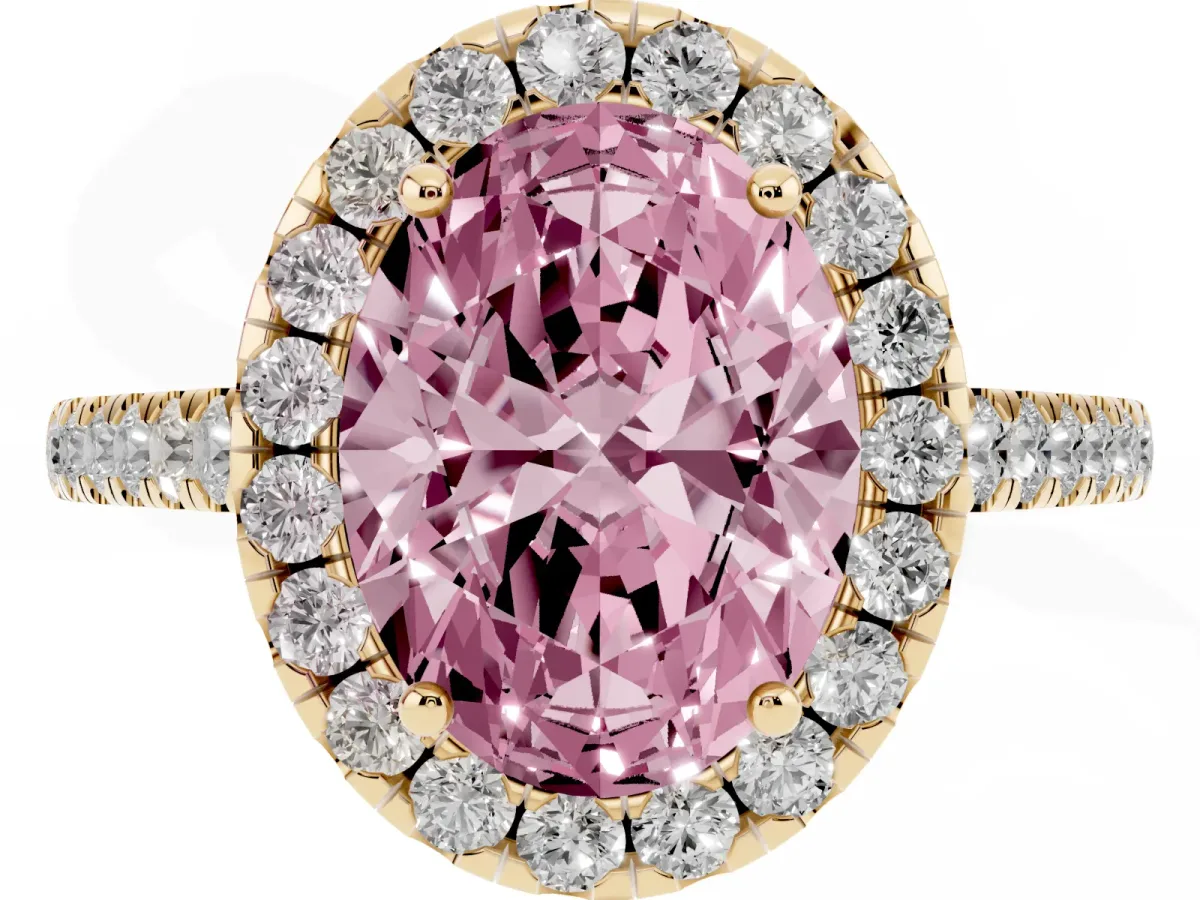 Fancy Pink Oval Cut Halo Pave Diamond Engagement Ring with Four-Prong Setting Yellow gold