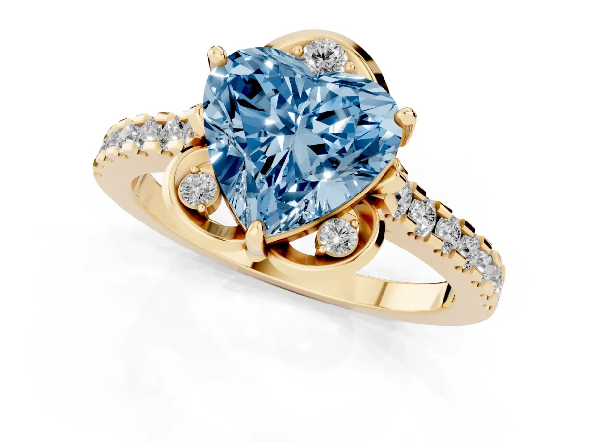 Fancy Blue Heart Cut Diamond Ring with Pavé Band and Floral Prong Setting Yellow gold