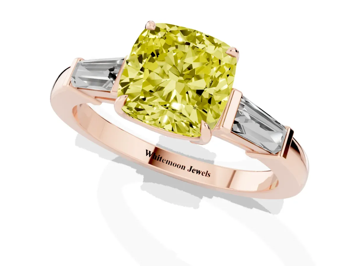 Fancy Yellow Cushion Cut Diamond Three-Stone Ring with Tapered Baguette Side Stones and Prong Setting Rose gold