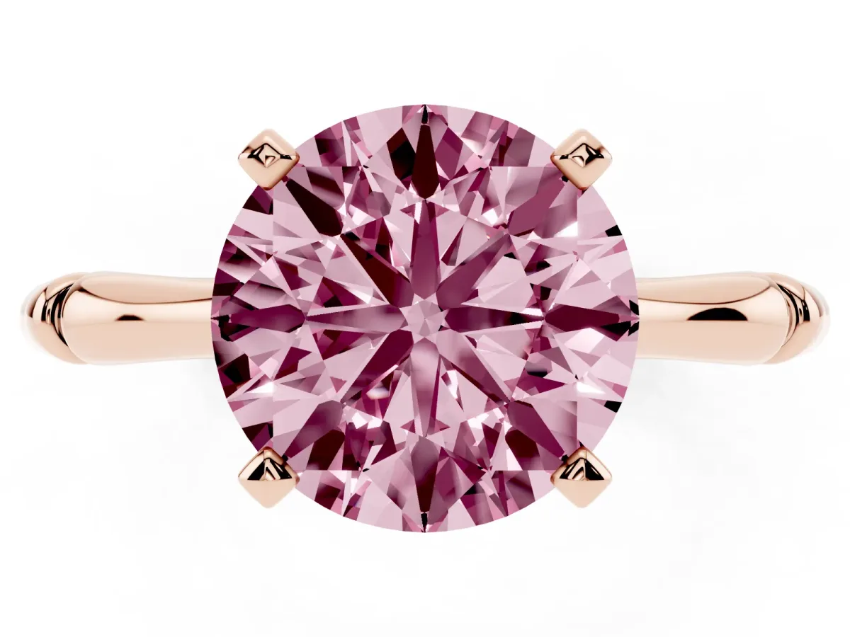 Fancy Pink Round Cut Solitaire Diamond Ring with Bamboo Band and Four-Prong Setting Rose gold