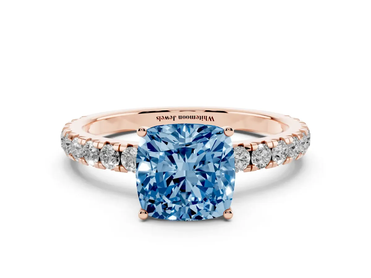 Fancy Blue Cushion Cut Diamond Pavé Solitaire Engagement Ring with Four-Prong Setting Rose gold