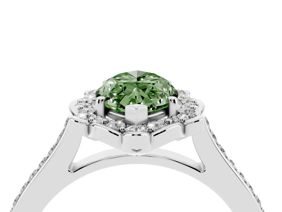 Fancy Green Marquise Cut Halo Round Diamond Pave Band with Four-Prong Setting Platinum