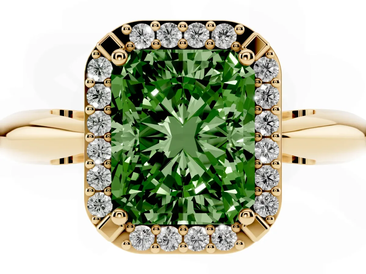 Fancy Green Radiant Cut Cut Diamond Halo Engagement Ring with Split Shank and Four-Prong Setting Yellow gold